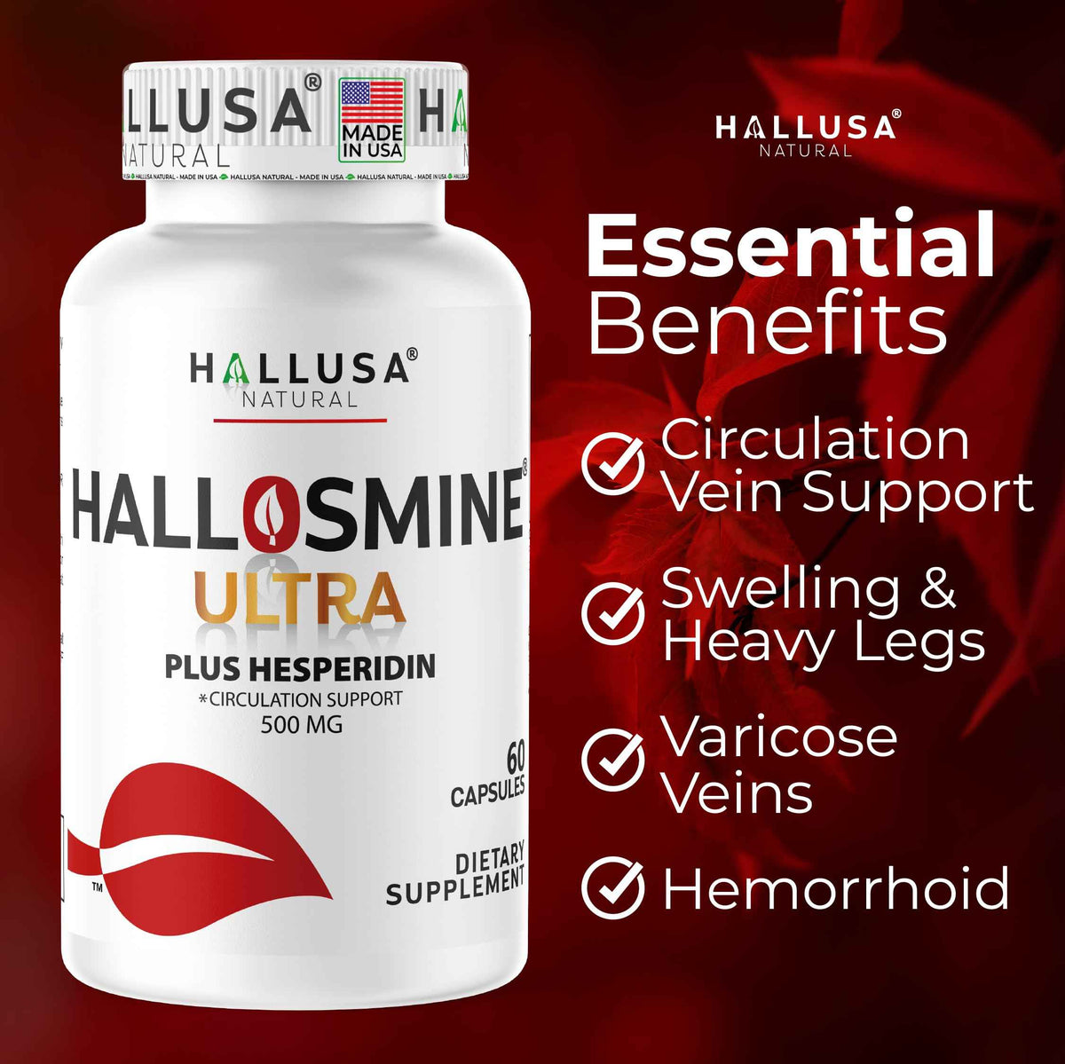 Hallosmine Ultra 650mg Diosmin Hesperidin, 60 Capsules + FREE Leg Cream with Diosmin, Hesperidin & Horse Chestnut, 4 oz - Blood Circulation & Vein Support Supplement, GMO Free, Gluten Free