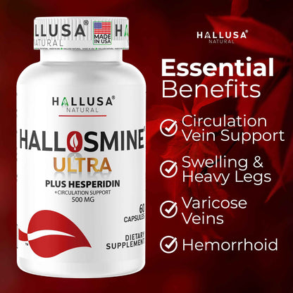 Hallosmine Ultra 650mg Diosmin Hesperidin, 60 Capsules + FREE Leg Cream with Diosmin, Hesperidin & Horse Chestnut, 4 oz - Blood Circulation & Vein Support Supplement, GMO Free, Gluten Free
