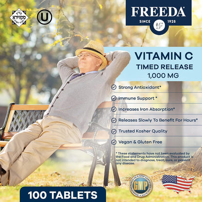 FREEDA Timed Release Vitamin C 1000mg - Slow-Release for All-Day Immune & Antioxidant Support, Gentle on Stomach, Kosher & Vegan, High-Absorption Tablets (100 Tablets) - Supports All-Day Immune & Antioxidant Defense - Promotes Collagen & Cell Health - Gen
