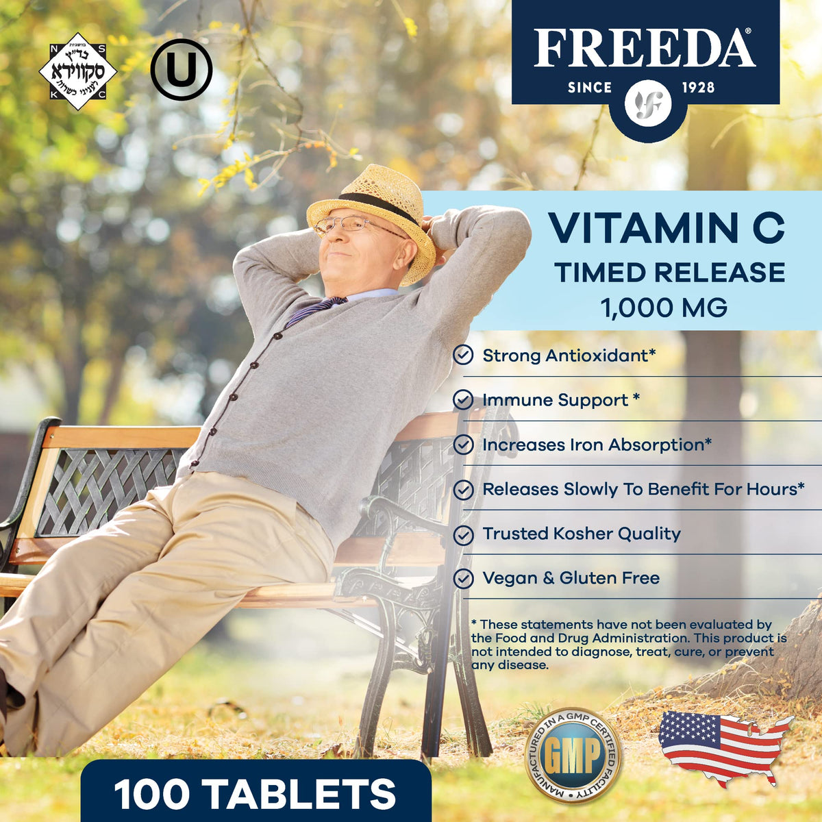 FREEDA Timed Release Vitamin C 1000mg - Slow-Release for All-Day Immune & Antioxidant Support, Gentle on Stomach, Kosher & Vegan, High-Absorption Tablets (100 Tablets) - Supports All-Day Immune & Antioxidant Defense - Promotes Collagen & Cell Health - Gen