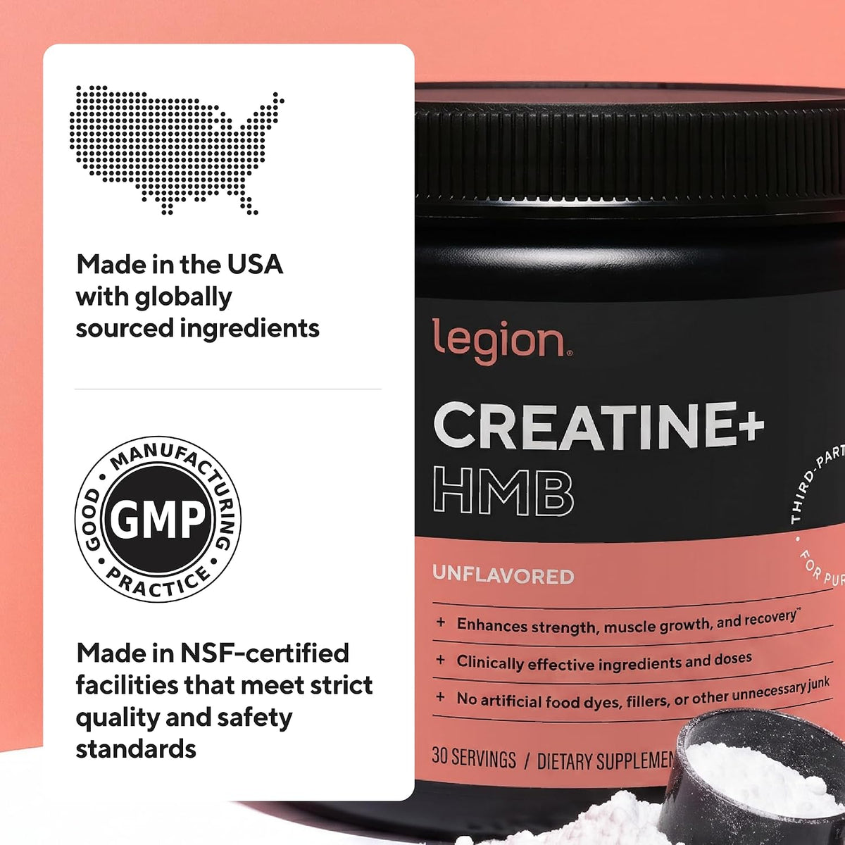 Legion Creatine HMB Powder - Micronized Creatine Monohydrate 5g with myHMB 2.5g - Unflavored Sports Nutrition Powder for Strength Training, Performance Support, and Post-Workout Recovery - 30 Servings