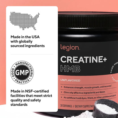 Legion Creatine HMB Powder - Micronized Creatine Monohydrate 5g with myHMB 2.5g - Unflavored Sports Nutrition Powder for Strength Training, Performance Support, and Post-Workout Recovery - 30 Servings