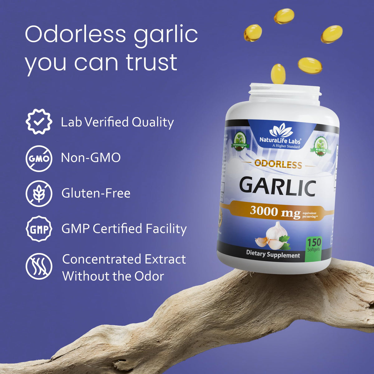 NaturaLife Labs Odorless Garlic - Concentrated 100:1 Garlic Extract with Olive Oil - 150 Softgels - Non-GMO, Gluten-Free
