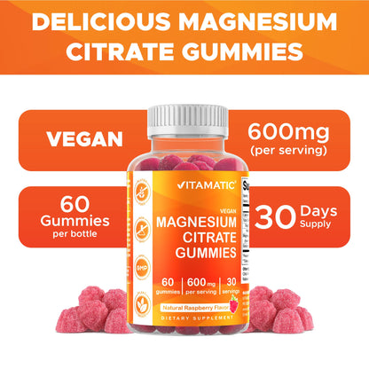 Vitamatic Magnesium Gummies 600mg per Serving - 60 Vegan Count for Relaxation, Muscle, Bone, and Energy Support