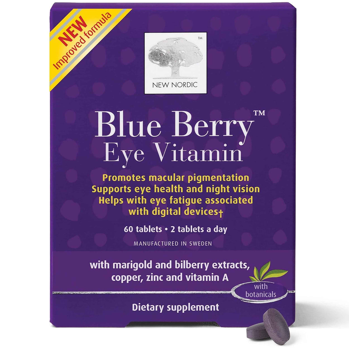 NEW NORDIC Blue Berry Eye Vitamin Lutein Supplement with Zinc, Supports Macular Pigmentation, Eye & Vision Function, 60 Tablets (Pack of 1)