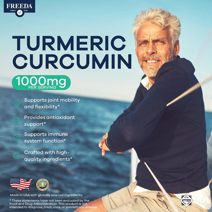 FREEDA Turmeric Curcumin Supplement 1000mg with Black Pepper - 90 Caps - Vegan Turmeric Curcumin Supplement with Organic Turmeric Root, Curcumin Extract & Black Pepper for Daily Mobility