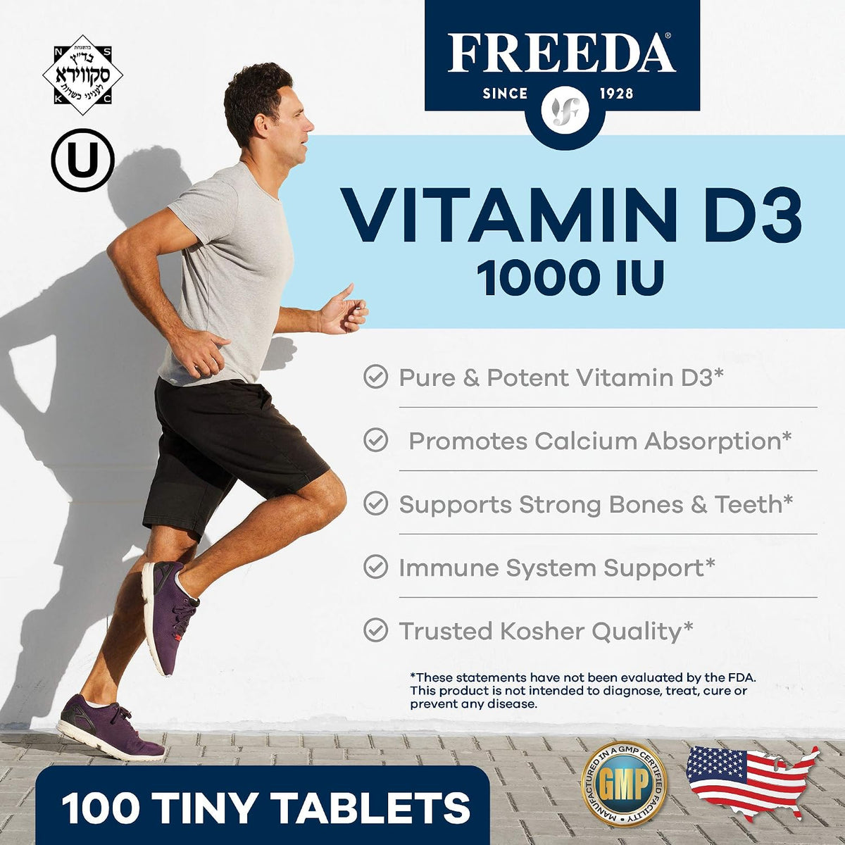 FREEDA Vitamin D3-1000 IU - Pure High Potency Kosher Supplement Tablets - Bone and Muscle Health, Calcium Absorption, Immune Support for Men and Women* - 100 Count - Supports Bone, Muscle & Immune Health - Helps Calcium Absorption - Easy-to-Swallow Tiny T