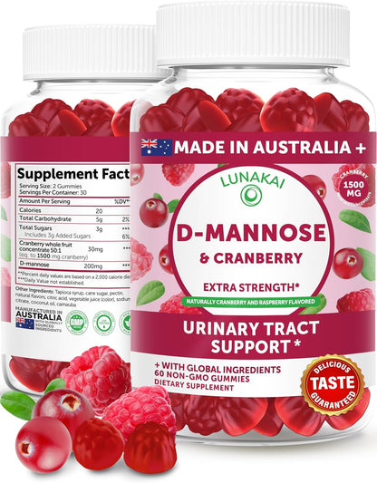 Lunakai Cranberry Gummies for Women 1500mg (50:1 Extract) with D-Mannose 200mg - Daily Cranberry Supplement for Urinary Tract Health & Bladder Support, Non-GMO - Made in Australia - 60ct