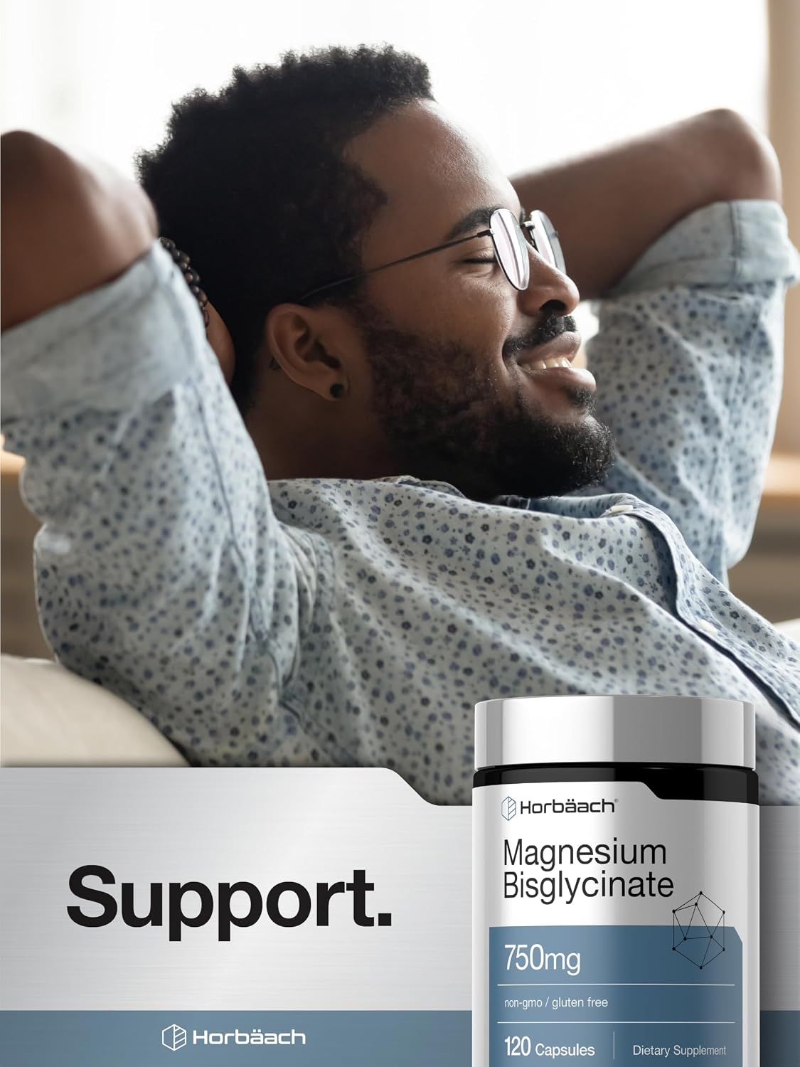 Horbäach Magnesium Bisglycinate - 120 Capsules - 750mg - Non-GMO and Gluten Free Supplement