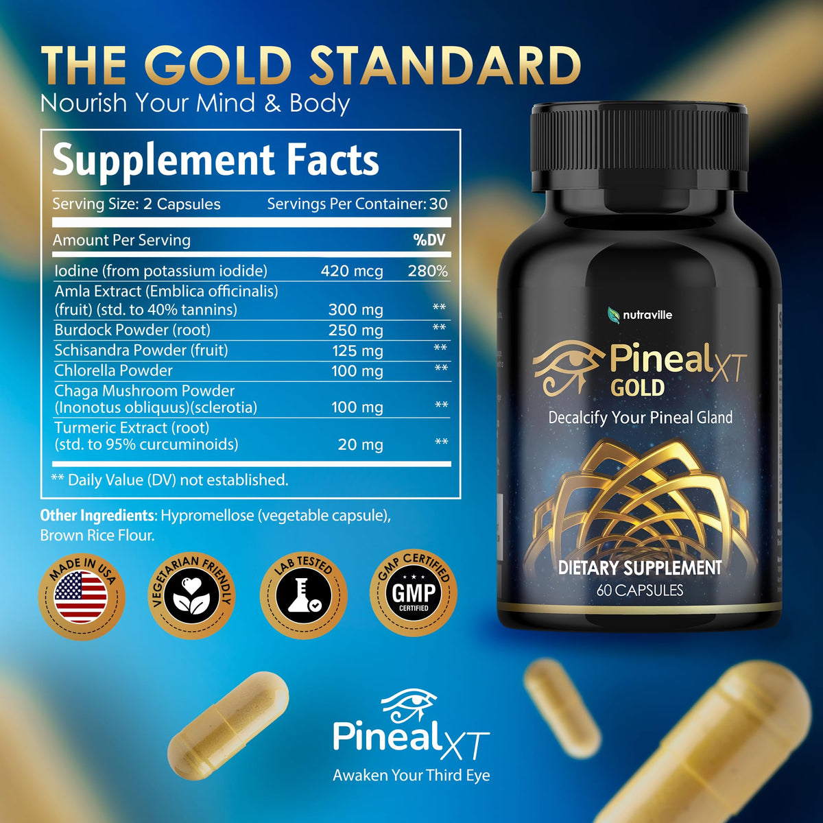 Pineal XT Gold Pineal Gland Supplement, Third Eye Awakening - Focus and Memory Supplement for Brain, 7 Powerful Ingredients Detox and Activate Your Pineal Gland, 30 Count, 1 Daily