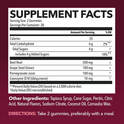 Beet Root Gummies with COQ10 and Grape Seed, Mixed Berry, 30 Servings - Nitric Oxide Supplement with Beetroot, Grape Seed Extract and COQ10 for Performance and Recovery, Vegan, Non-GMO, Gluten-Free