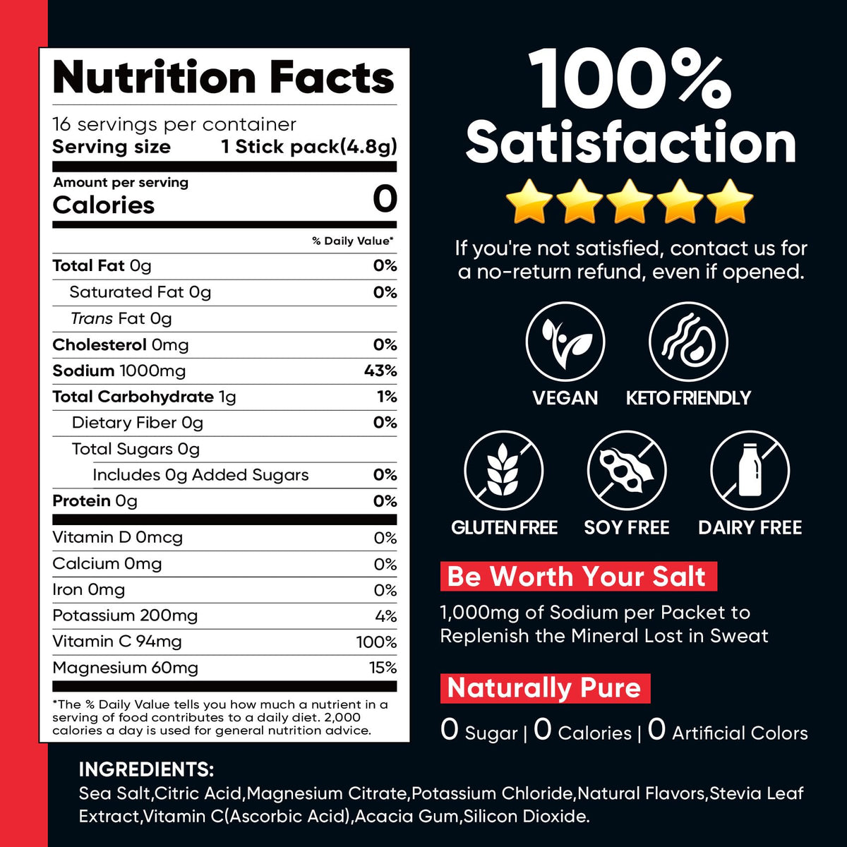 Venture Pal High Sodium Sugar Free Electrolytes Powder Packets, 16 Count - Hydration Packets with Sodium, Magnesium & Potassium, Vitamins, Zero Calories, Vegan, Keto & Paleo Friendly