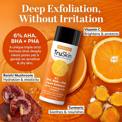 TruSkin AHA PHA BHA Liquid Exfoliant Toner with Vitamin C, 4.2 fl oz - With Salicylic and Glycolic Acid to help unclog pores while improving the look of skin tone and texture