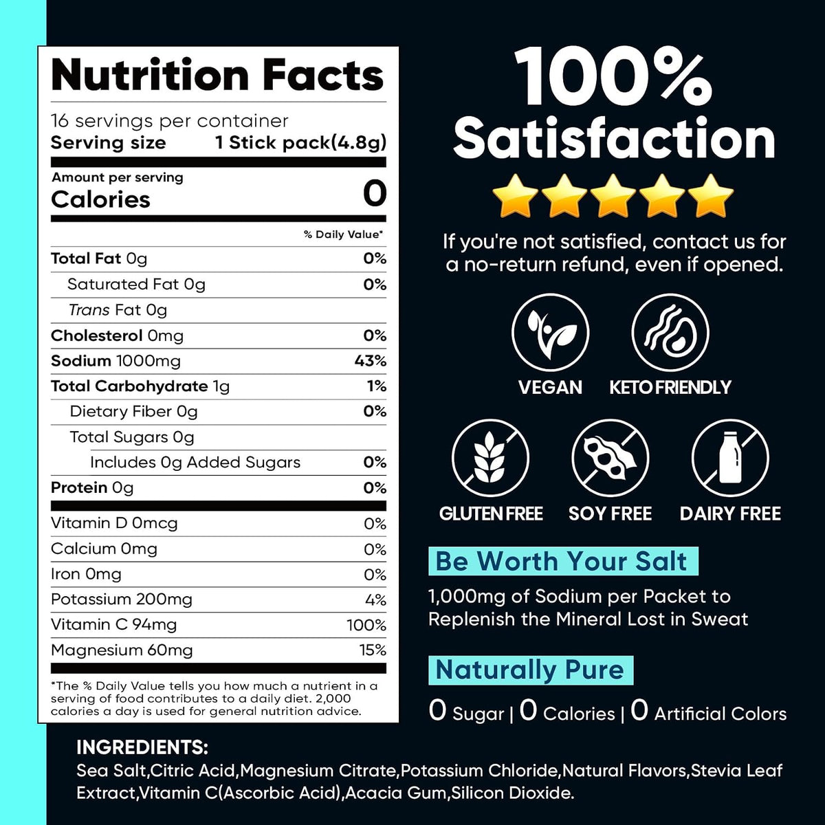 Venture Pal High Sodium Sugar Free Electrolytes Powder Packets, 16 Count - Hydration Packets with Sodium, Magnesium & Potassium, Vitamins, Zero Calories, Vegan, Keto & Paleo Friendly