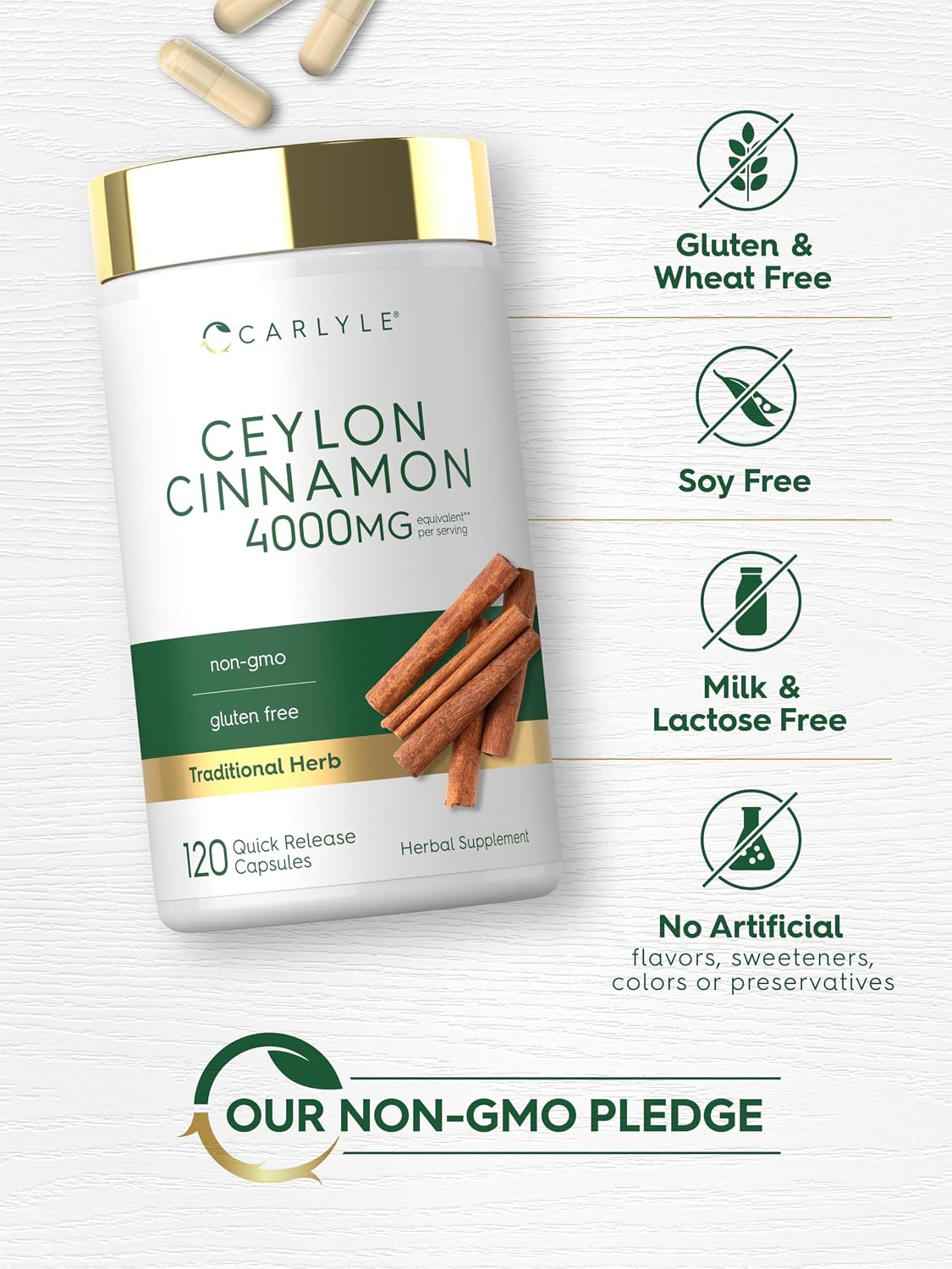 Carlyle Ceylon Cinnamon Capsules - 120 Count - Non-GMO & Gluten Free Supplement