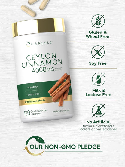 Carlyle Ceylon Cinnamon Capsules - 120 Count - Non-GMO & Gluten Free Supplement
