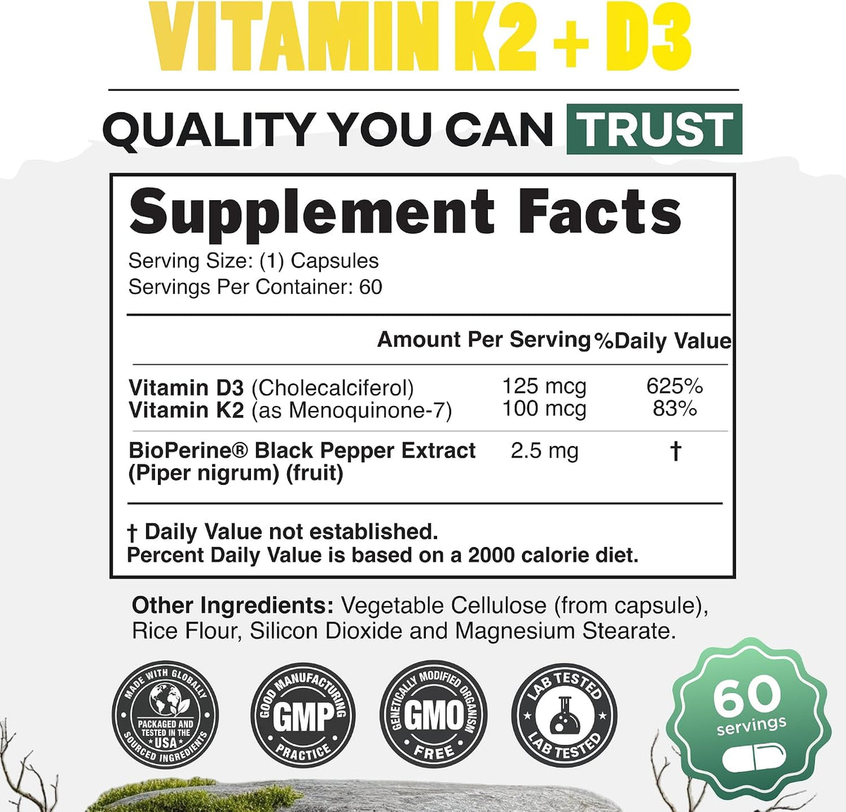 Wild Foods 5000iu Vitamin D3 + K2 - (100mcg Mk7) with Black Pepper Extract, Plant-Based, Non-GMO, Soy & Gluten-Free - Dietary Supplement - Made in USA - 60 Capsules