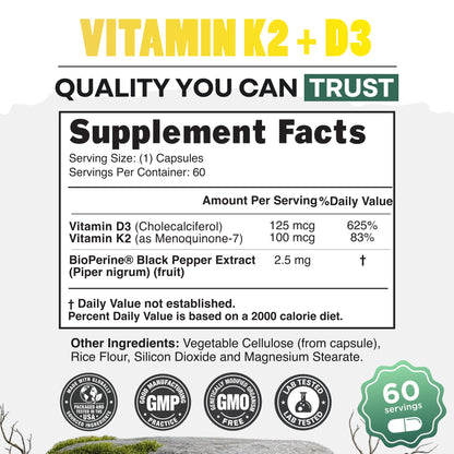 Wild Foods 5000iu Vitamin D3 + K2 - (100mcg Mk7) with Black Pepper Extract, Plant-Based, Non-GMO, Soy & Gluten-Free - Dietary Supplement - Made in USA - 60 Capsules
