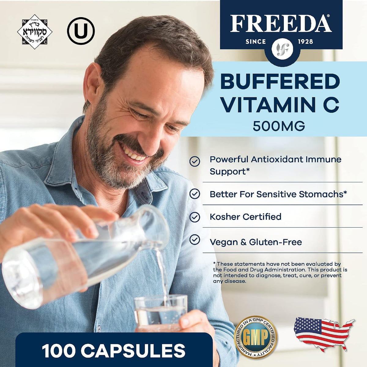 FREEDA Buffered Vitamin C 500mg for Immune Support - 100 Capsules - Includes 50mg Calcium - Supports Immune Health & Antioxidant Defense - Gentle on Stomachs, Kosher, Vegan, & Made in USA