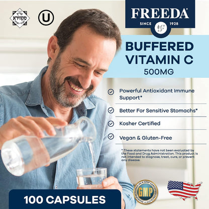 FREEDA Buffered Vitamin C 500mg for Immune Support - 100 Capsules - Includes 50mg Calcium - Supports Immune Health & Antioxidant Defense - Gentle on Stomachs, Kosher, Vegan, & Made in USA