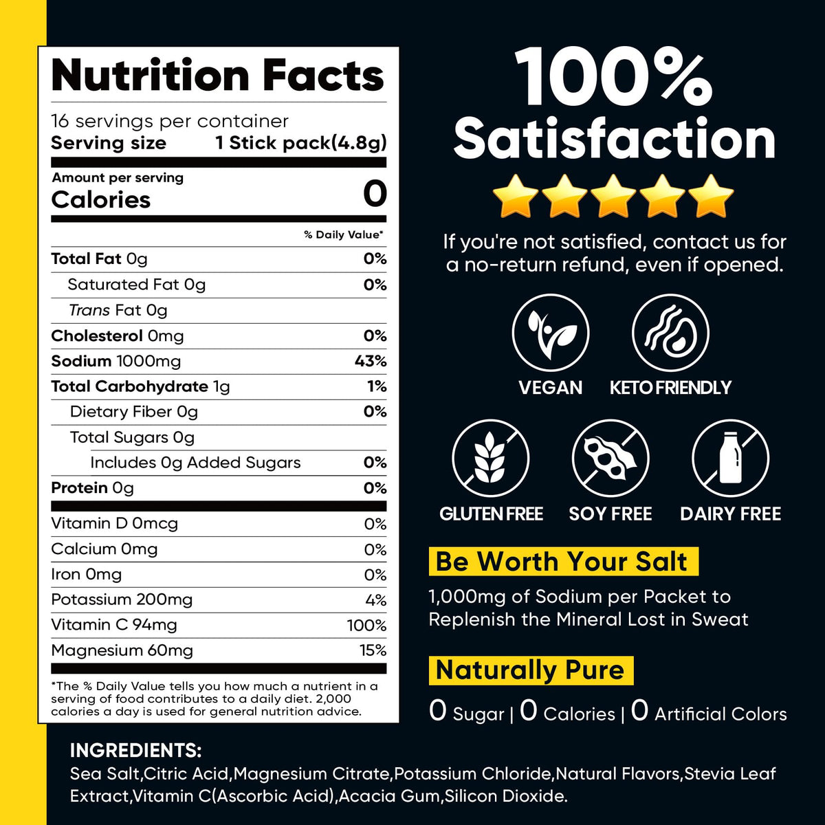 Venture Pal High Sodium Sugar Free Electrolytes Powder Packets, 16 Count - Hydration Packets with Sodium, Magnesium & Potassium, Vitamins, Zero Calories, Vegan, Keto & Paleo Friendly
