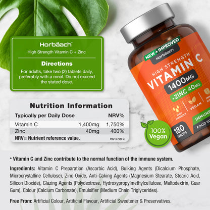Vitamin C and Zinc - 180 Vegan Tablets - High Strength Vitamin C 1400mg and Zinc 40mg