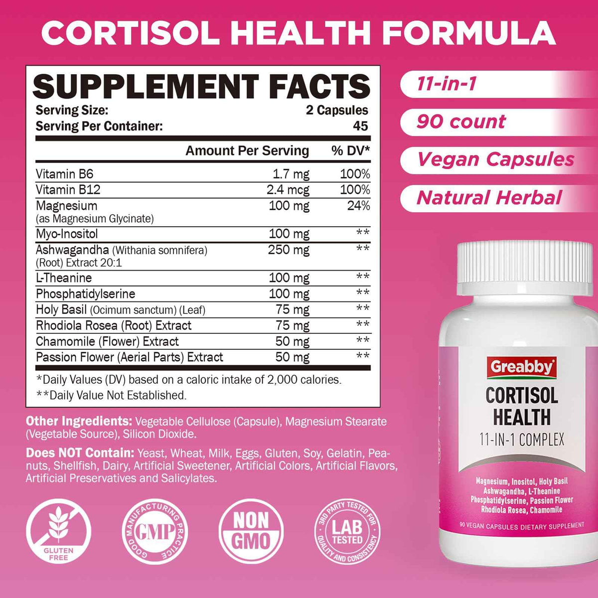 GREABBY Cortisol Supplements for Women, 11-in-1 Formula with Ashwagandha, L-Theanine, Phosphatidylserine and More, Lower Cortisol Health Support, 90 Vegan Capsules