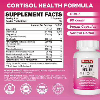 GREABBY Cortisol Supplements for Women, 11-in-1 Formula with Ashwagandha, L-Theanine, Phosphatidylserine and More, Lower Cortisol Health Support, 90 Vegan Capsules