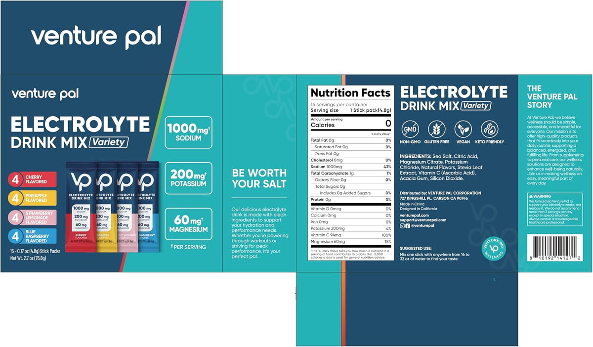 Venture Pal High Sodium Sugar Free Electrolytes Powder Packets, 16 Count - Hydration Packets with Sodium, Magnesium & Potassium, Vitamins, Zero Calories, Vegan, Keto & Paleo Friendly