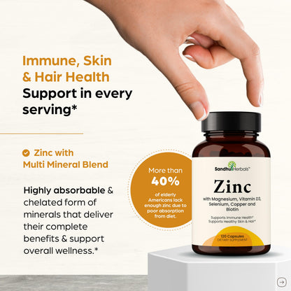 Zinc 30mg With Copper, Selenium & Vitamin D3 - 120 Capsules - Magnesium, Vitamin B6, Biotin - Absorbable Zink Supplements for Men & Women - Chelated Zinc