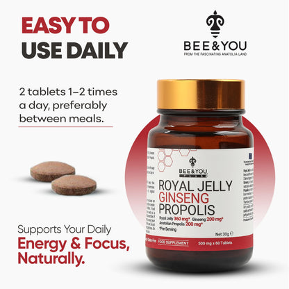 Bee and You Royal Jelly Tablet, Propolis Extract, Bee Pollen, 100% Natural Superfood, Ultra Pure, Immune Support Supplement, Improve Energy, Focus, Antioxidants, Fresh, Keto, Paleo, Gluten-Free - 60ct