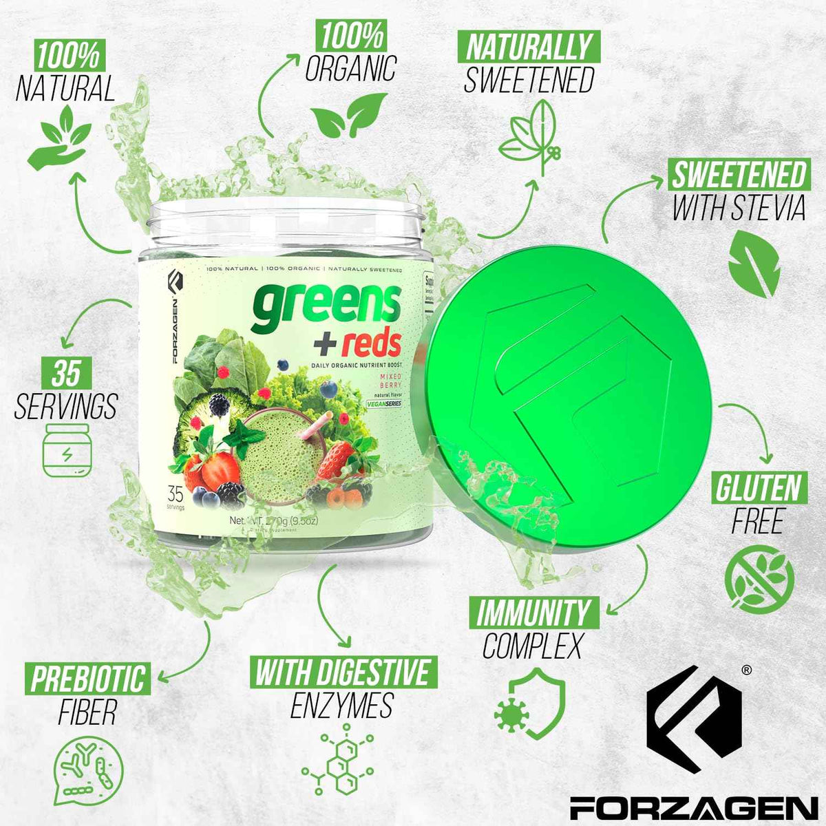 Forzagen Vegan Greens & Reds Superfood Powder - Organic Super Greens Powder - Premium Veggie Powder Supplement - 35 Servings Reds and Greens Superfood Powder