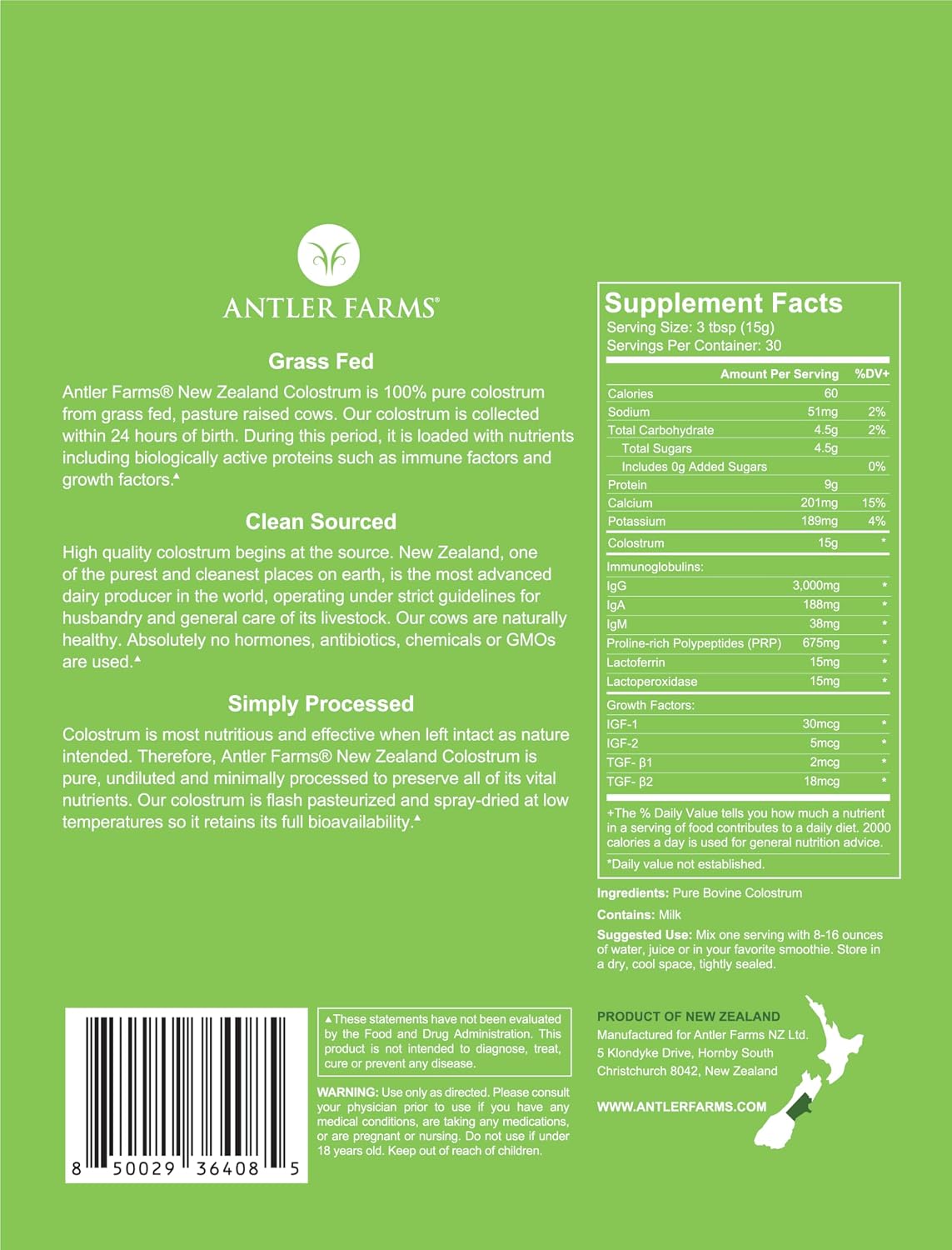 Antler Farms 100% Pure New Zealand Colostrum, 30 Servings, 1 lb - Grass Fed, Pasture Raised, Clean Sourced, Cold Processed, Undiluted, High IgG Content - 100% Pure, Pasture Raised, Clean Sourced, Super Potent, Cold Processed, Undiluted, 20-25% IgG Content