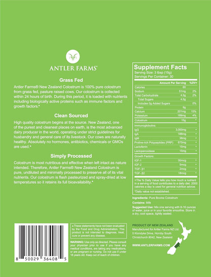 Antler Farms 100% Pure New Zealand Colostrum, 30 Servings, 1 lb - Grass Fed, Pasture Raised, Clean Sourced, Cold Processed, Undiluted, High IgG Content - 100% Pure, Pasture Raised, Clean Sourced, Super Potent, Cold Processed, Undiluted, 20-25% IgG Content