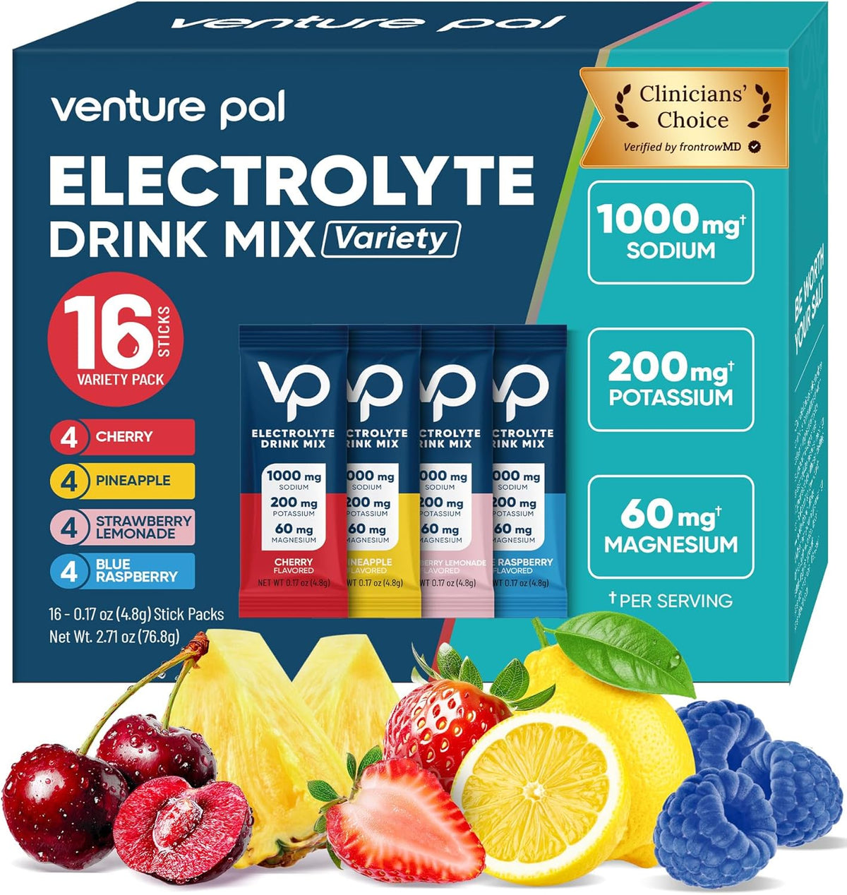 Venture Pal High Sodium Sugar Free Electrolytes Powder Packets, 16 Count - Hydration Packets with Sodium, Magnesium & Potassium, Vitamins, Zero Calories, Vegan, Keto & Paleo Friendly