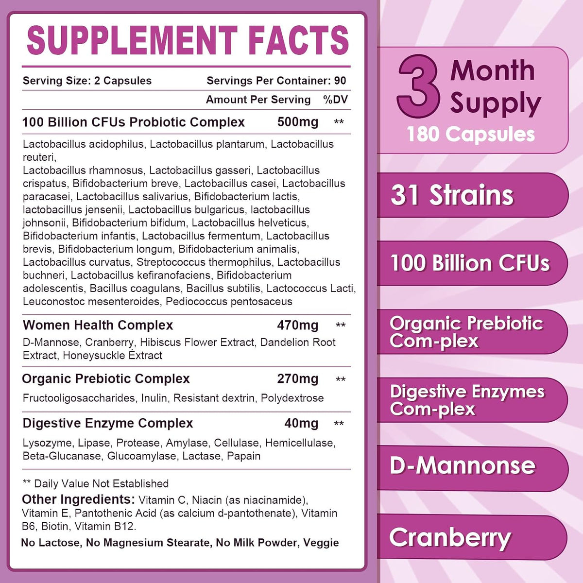 NATURE TARGET Women's Probiotic, 100 Billion CFU, 31 Strains, 90 Servings - With Prebiotic And Enzymes For Digestive Health,Cranberry, D-Mannose Support Urinary Tract & Vaginal Wellness, Shelf-Stable