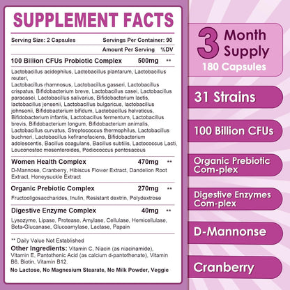 NATURE TARGET Women's Probiotic, 100 Billion CFU, 31 Strains, 90 Servings - With Prebiotic And Enzymes For Digestive Health,Cranberry, D-Mannose Support Urinary Tract & Vaginal Wellness, Shelf-Stable
