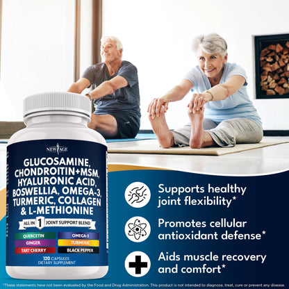 Glucosamine Chondroitin, MSM, Turmeric Curcumin, Collagen, Hyaluronic Acid, Omega 3 - Health Supplement for Men & Women - 240 Count