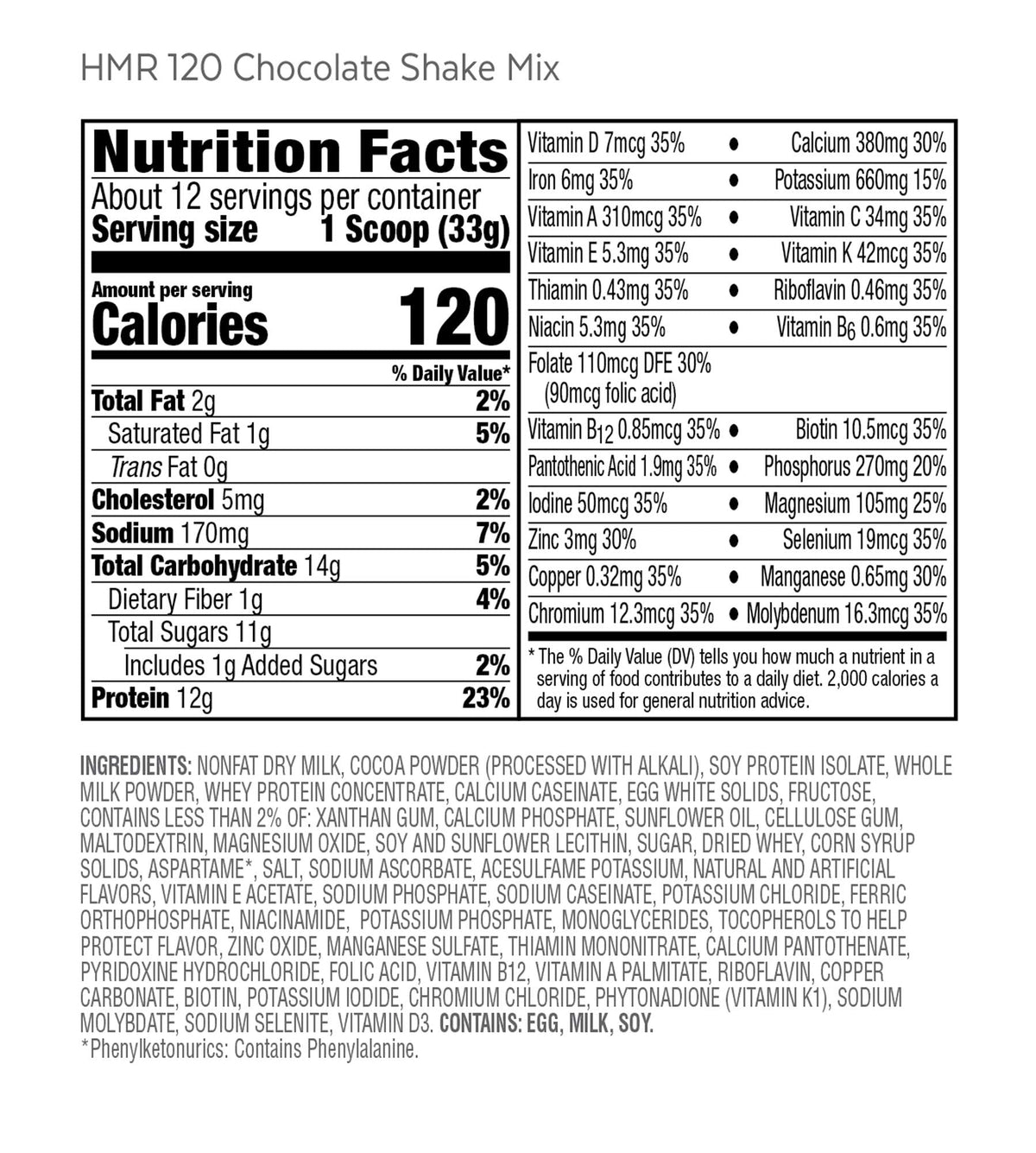 HMR 120 "Classic" Shake Meal Replacement Powder - Chocolate Shake Mix to Support