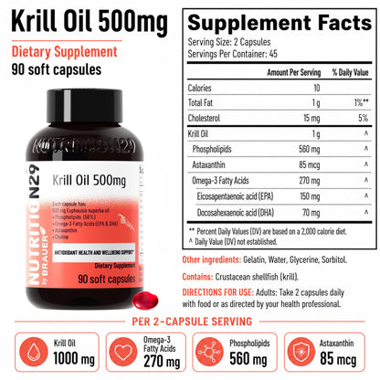 N29 Antarctic Krill Oil 500mg,60 softgels,Omega 3 Supplements with EPA,DHA - Astaxanthin,Phospholipid for Heart Brain Joint Skin Support,No Fishy Burps,Non-GMO, Gluten-Free
