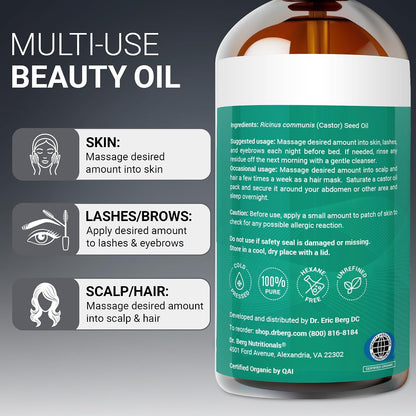 Dr. Berg Organic Castor Oil - 16 fl oz Cold-Pressed Oil - Pure, Unrefined, Single Ingredient - Sourced in India, Bottled in USA - Lab Tested, USDA Organic, Glass Bottle