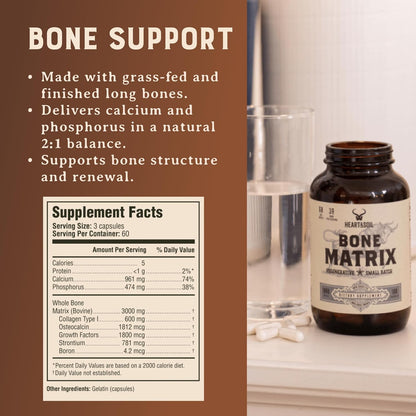 HEART & SOIL Grass Fed Bone Matrix, 180 Capsules - Supports bone and joint health, strength, and flexibility.