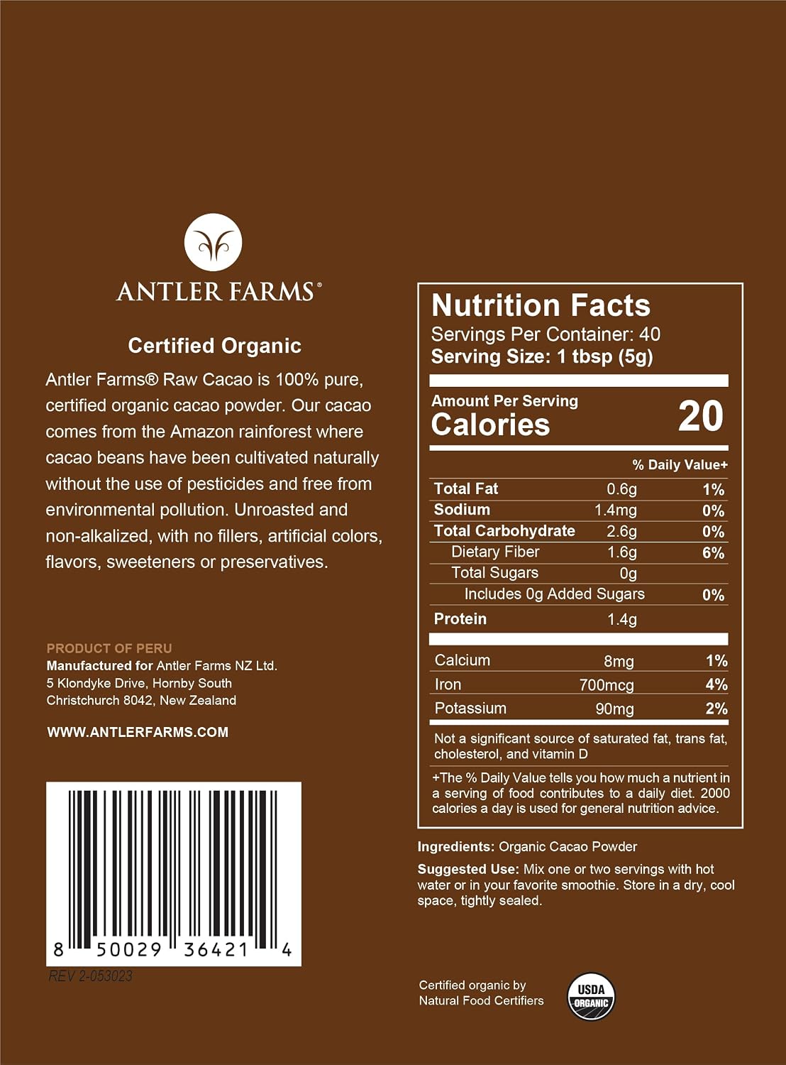 Antler Farms - 100% Pure Organic Raw Cacao Powder, 40 servings, 200g - Vegan, Gluten Free, Cultivated Naturally in Amazon Rainforest, Certified USDA Organic - 100% Pure, Vegan, Gluten Free, Cultivated Naturally in Amazon Rainforest, Certified USDA Organic