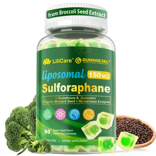 Liposomal Sulforaphane Supplement 150mg, from Broccoli Seed Extract w/Myrosinase, Quercetin, Glutathione, Sulforaphane Supplement Gummies for Antioxidants Detox Cellular Brain Health, Chewable 60Cts