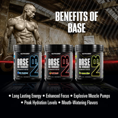 NutraBio Base Pre-Workout Powder 200mg Caffeine, Sustained Energy, Focus, Endurance, Pump, Sugar Free, Clean Preworkout for Men and Women - Beta Alanine, L-Tyrosine, 30 Servings - Lemon Lime