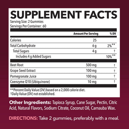 Beet Root Gummies with COQ10 and Grape Seed, Mixed Berry, 30 Servings - Nitric Oxide Supplement with Beetroot, Grape Seed Extract and COQ10 for Performance and Recovery, Vegan, Non-GMO, Gluten-Free