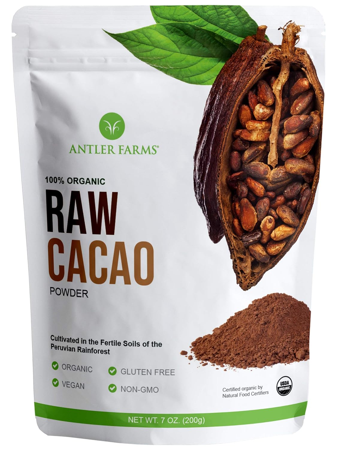Antler Farms - 100% Pure Organic Raw Cacao Powder, 40 servings, 200g - Vegan, Gluten Free, Cultivated Naturally in Amazon Rainforest, Certified USDA Organic - 100% Pure, Vegan, Gluten Free, Cultivated Naturally in Amazon Rainforest, Certified USDA Organic