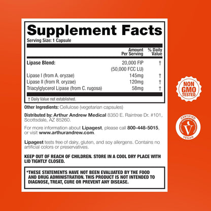 Arthur Andrew Medical, Lipagest, Lipase Enzyme, 20,000 FIP - Highly Potent Lipase Enzyme 20,000 FIP. Optimal Digestion of Fats - No Gallblader & Keto Support