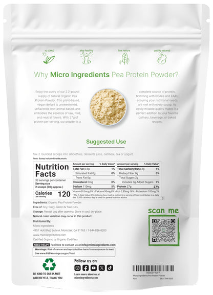 North America Grown, Organic Pea Protein Powder, 1KG (2.2 Pounds) - Plant-Based Vegan Protein, Meatless Protein Supplement, Natural Branched Chain Amino Acids - Non-GMO, Soy Free