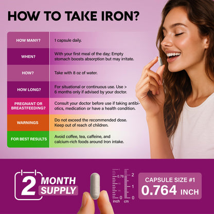 Iron Supplement for Women - Iron 65mg (Ferrous Sulfate 325mg) - Stomach Friendly - Slow Release Iron - High Absorption - Vitamins C, D3, B6, B12 & Folate